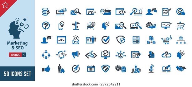 Marketing  SEO Icon Set. Search Engine Optimization, Advertising, Website, Business, Marketing, Traffic, Ranking, Optimization, Keyword  Many More. Solid Blue Vector Icons Collection