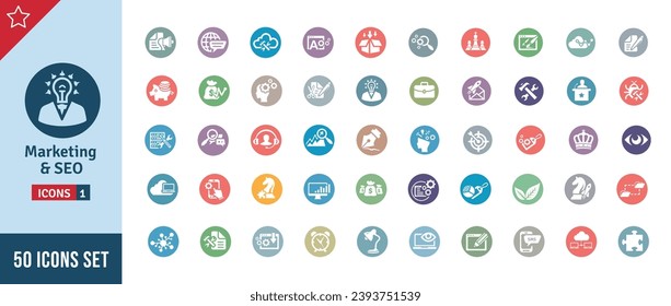 Marketing  SEO Icon Set. Search Engine Optimization, Advertising, Website, Business, Marketing, Traffic, Ranking, Optimization, Keyword  Many More. SEO Round Vector Icons Collection