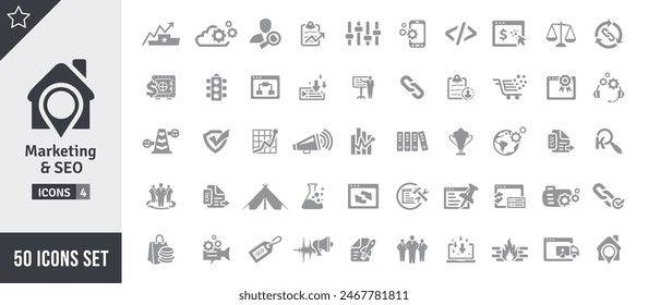 Marketing and SEO Icon Set. Search Engine Optimization, Advertising, Website, Business, Marketing, Traffic, Ranking, Optimization, Keyword and Many More. Gray Vector Icons Collection