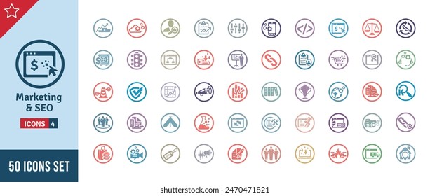 Marketing  SEO Icon Set. Search Engine Optimization, Advertising, Website, Business, Marketing, Traffic, Ranking, Optimization, Keyword  Many More. Round Vector Icons Collection