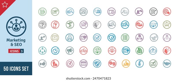 Marketing  SEO Icon Set. Search Engine Optimization, Advertising, Website, Business, Marketing, Traffic, Ranking, Optimization, Keyword  Many More. Round Vector Icons Collection