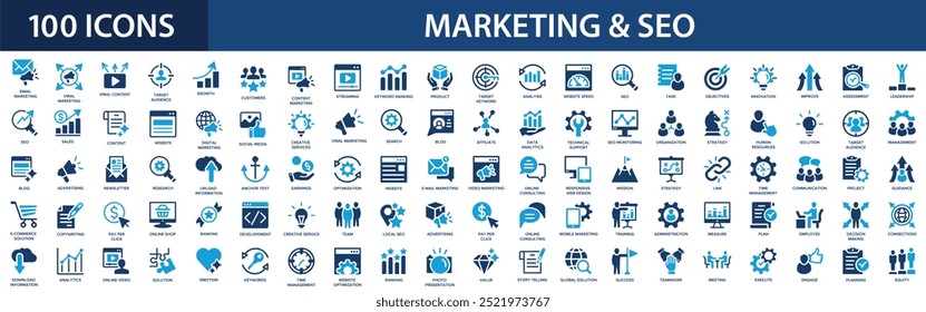 Marketing and SEO icon set. Search engine optimization, traffic, website, social media, content, ranking, online advertising, optimization.