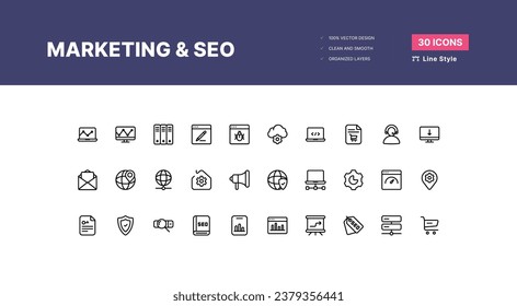 Marketing y paquete de iconos de Seo. Iconos de optimización SEO. Juego de iconos de línea. Lograr resultados. concepto SEO. Colección de iconos de Optimización del motor de búsqueda. Conteniendo negocio - Estilo de línea