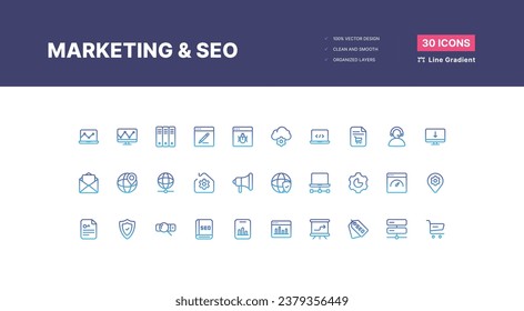 Marketing und Seo Icons Pack. SEO-Optimierungssymbole. Satz von Zeilensymbolen. Erzielung von Ergebnissen. SEO-Konzept. Sammlung von Suchmaschinen-Optimierung-Symbolen. Business enthalten - Line Gradient