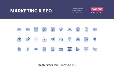 Marketing und Seo Icons Pack. SEO-Optimierungssymbole. Satz von Zeilensymbolen. Erzielung von Ergebnissen. SEO-Konzept. Sammlung von Suchmaschinen-Optimierung-Symbolen. Business-enthalten - gefülltes Duoton