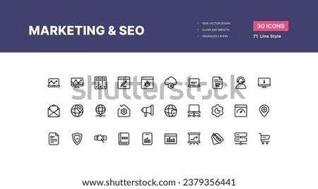 Marketing and Seo Icons Pack. SEO optimization icons. Set of line icons. Achieving results. SEO concept. Search Engine Optimization icon collection. Containing business - Line Style