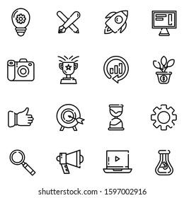 marketing and seo icons for presentations, website, marketing design, product campaigns, target marketing, video campaigns, ideas, content creators and website settings