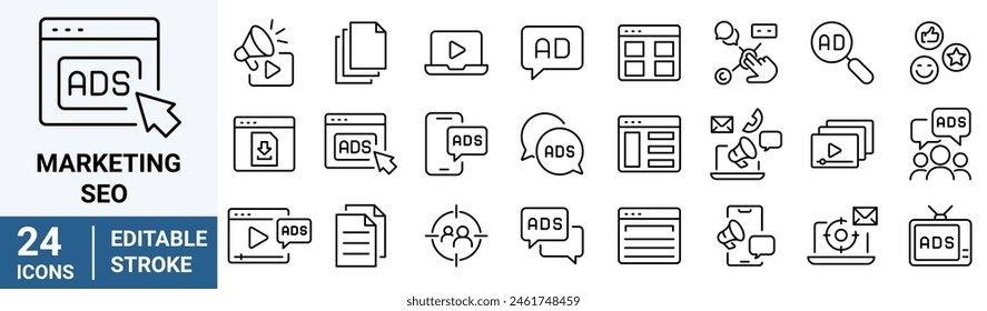 Marketing and Seo line web icons Digital marketing. Containing seo, content, website, social media. Editable stroke.