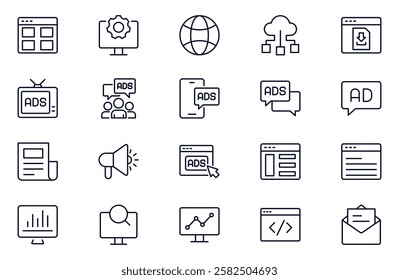 Marketing and Seo line web icons set. Digital marketing. Containing seo, content, website, social media. Editable stroke.