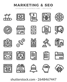 Coleção de ícones lineares de marketing e SEO. Pacote de ícones linear. Ilustração vetorial