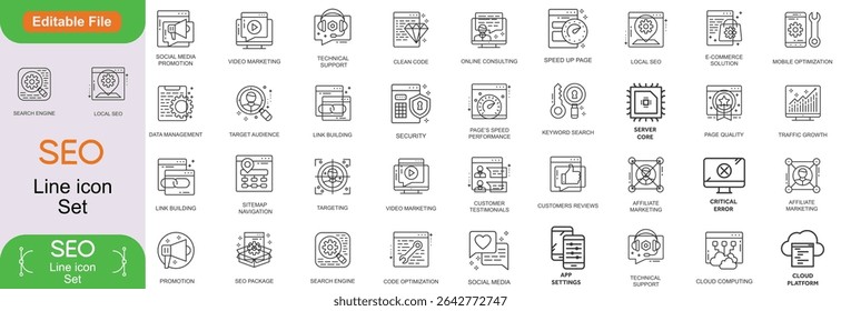 Marketing and SEO outline style icons set. Digital Marketing and Search Engine Optimization thin line icons collection. Website, search, keyworg, analysis, strategy, content, rating, Line icon set..