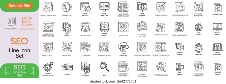 Marketing and SEO outline style icons set. Digital Marketing and Search Engine Optimization thin line icons collection. Website, search, keyworg, analysis, strategy, content, rating, Line icon set..
