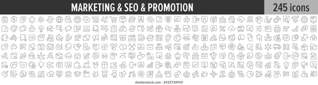 Marketing, SEO and Promotion linear icon collection. Big set of 245 Marketing, SEO and Promotion icons. Thin line icons collection. Vector illustration