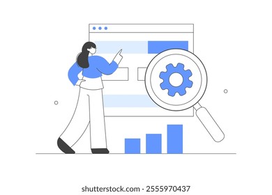 Marketing and seo strategy. Analyzing market trends and planning seo optimization. Seo targeting and performance. Flat Cartoon Vector Illustration, icon. Stylish abstract