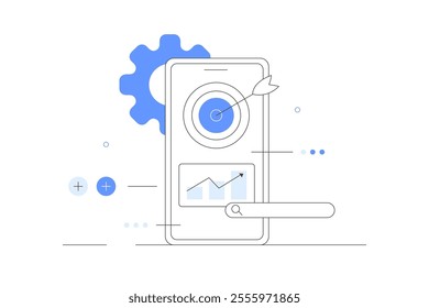 Marketing and seo strategy. Analyzing market trends and planning seo optimization. Seo targeting and performance. Mobile application development. Device app platform. Flat Cartoon Vector Illustration