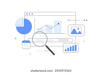 Marketing and seo strategy. Analyzing market trends and planning seo optimization. Seo targeting and performance. Flat Cartoon Vector Illustration, icon. Stylish abstract