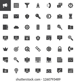 Marketing and SEO vector icons set, modern solid symbol collection, filled style pictogram pack. Signs, logo illustration. Set includes icons as Blogging, Funnel, Startup, Phone call, Coding, Mail