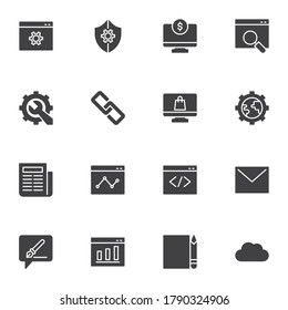 Marketing and SEO vector icons set, modern solid symbol collection, digital marketing filled style pictogram pack. Signs, logo illustration. Set includes icons as website code, settings, copywriting