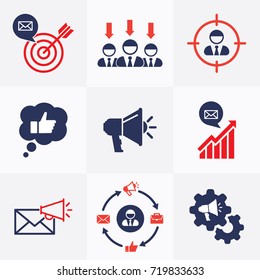 Marketing Set Flat Icons Vector Signs. Marketing Strategy, Team, Target, Marketing Campaign Symbol Silhouette
