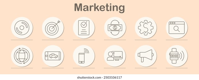 Marketing set icon. Camera, video, money, mobile, battery, call, analysis, advertising, content, strategy, global, promotion, ecommerce, innovation, technology, internet.