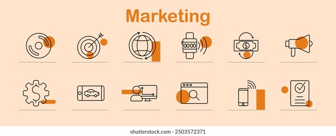 Icono de conjunto de marketing. CD, objetivo, globo, reloj inteligente, dinero, megáfono, equipo, teléfono inteligente, análisis, búsqueda, lista de comprobación, marketing, digital, promoción, publicidad, en línea, comercio, campaña, negocio