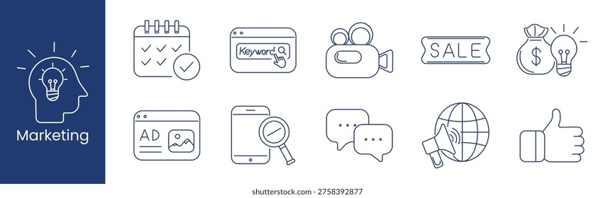 Marketing set icon. Collection with checklist calendar, keyword search, video camera, sale ticket, money bag idea, ad webpage, smartphone magnifier, chat bubbles, globe megaphone, thumbs up.