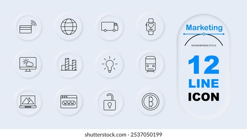 Marketing set icon. Credit card, globe, delivery truck, smartwatch, stock chart, lightbulb, bus, weather forecast, website, cryptocurrency, padlock. Marketing tools, business symbols, global trade.