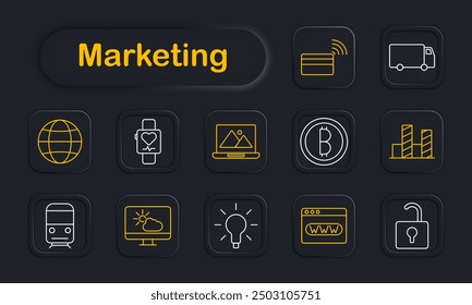 Icono de conjunto de marketing. Globo, reloj inteligente, portátil, criptomoneda, estadísticas, publicidad, Clima, en línea, bombilla, innovación, tecnología, transporte, comercio electrónico.