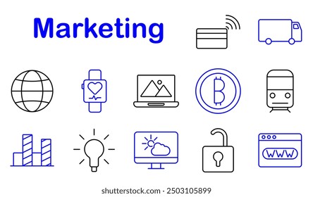 Marketing set icon. Globe, smartwatch, laptop, cryptocurrency, transport, statistics, lightbulb, cloud service, lock, web design, analytics, media, global, technology, internet, online, security