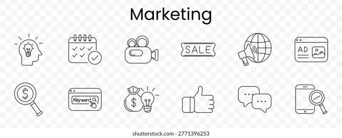 Marketing set icon. Idea, calendar, camera, sale, megaphone, webpage, search, keyword, moneybag, like, chat, smartphone, strategy, branding, business, growth