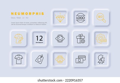 Marketing set icon. Logo, gift, private label promotion, trade mark, print, tshirt, giveaway, coupon, discount, payment, reward, sale, diamond. Smm concept. Neomorphism style. Vector line icon