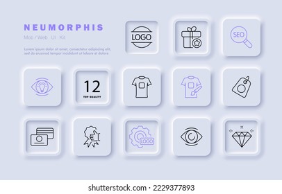 Icono de conjunto de marketing. Logotipo, regalo, promoción de etiquetas privadas, marca comercial, impresión, camiseta, regalo, cupón, descuento, pago, recompensa, ojo, diamante. Concepto de Smm. Estilo neomorfista. Icono de línea de vector