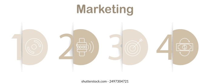 Marketing set icon. Record, smartwatch, target, dollar exchange, finance, technology, goal setting, transaction, business, money, trade, financial management, investment, economy, commerce, digital