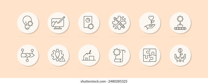 Icono de conjunto de marketing. Estrategia, análisis, promoción, target, publicidad, SEO, internet. Negocio, concepto de marketing. Iconos de línea de Vector sobre fondo beige.