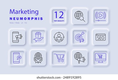 Marketing set icon. Target, gift, SEO, mobile marketing, audience, global reach, shopping cart, video ad, promotion, digital marketing, search engine, analytics, online sales
