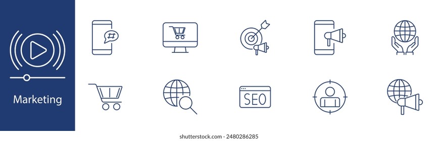 Marketing set icon. Target, shopping cart, SEO, global reach, advertising. Digital marketing, online shopping, promotion, ecommerce concept.