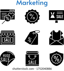 marketing set. included online shop, newsletter, shopping bag, sale, shop, price tag, discount, warranty icons. filled styles.