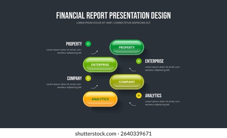 Marketing Showcase Slideshow Design Vector Illustration. Business Report Four Element Diagram Presentation Template. Corporate Introduction 4 Option Infographic Frame Layout.