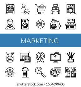 marketing simple icons set. Contains such icons as Poster, Marketing director, Developer, Printing test, Ecommerce, Target, Exhibition, Wallet, can be used for web, mobile and logo