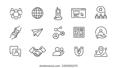 Marketing simple line icons. 15 Referral icons isolated on white background.  Handshake, Message, Invite icons. Vector illustration