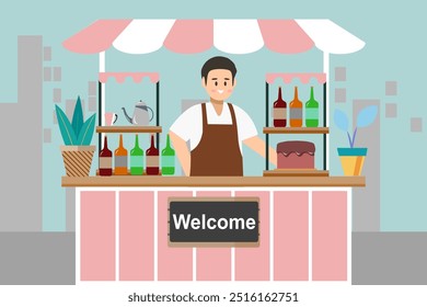 Marketing and small business ideas shop owner man with a shop that is looked after by only one person Cartoon flat vector illustration.