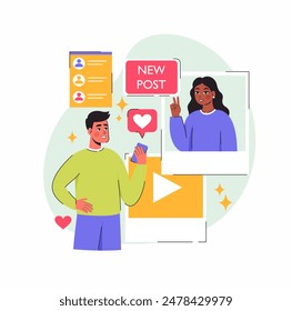 Marketing in the social field. The concept of communication between users on the network. Flat vector illustration