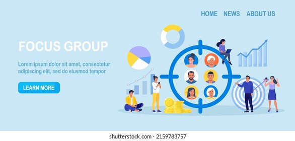 Marketing social focus group. People avatars in crosshair. Businessmen study audience, research consumer behavior. Target audience at aim. Customer attraction campaign, accurate seo, advertising