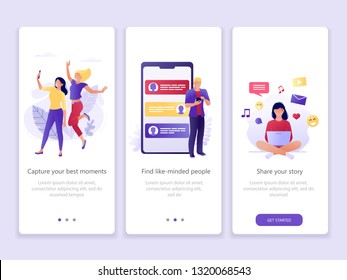 Marketing, Social Media, Advertising. Onboarding screens user interface kit. Modern user interface UX, UI screen template for mobile smart phone or web site. Vector Illustration