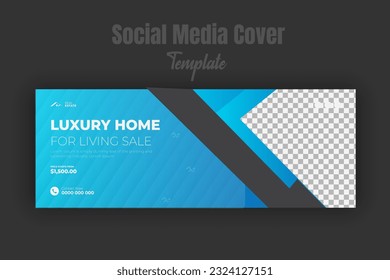 Marketing social media cover page, timeline, web, advertising banner template for real estate business promotion. Modern layout photo space with luxury home sale on blue background, black color shape