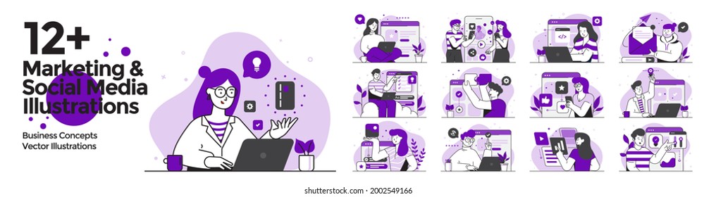 Marketing and Social Media illustrations set. Collection of business situations with men and women taking part in business activities. Modern trendy concepts for web sites and mobile web sites. Vector