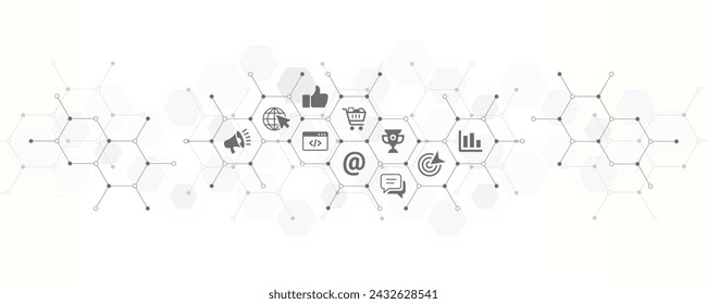 marketing social media SEO banner vector illustration with the website icons and symbol of coding marketing strategy message success