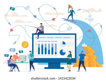 Marketing in Social Network, Phishing, Hidden Advertisement Online Flat Vector Concept. Infographics on Monitor, Entrepreneur Catching Clients with Coin on Rode, Team Working at Project Illustration