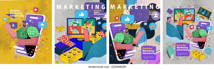 Marketing, social networks and business. Vector illustrations of business people, success, advertising and remote work for poster, card, flyer or banner