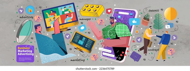 Marketing, social networks and business. Vector illustrations of business people, success, advertising and remote work for poster, card, flyer or banner